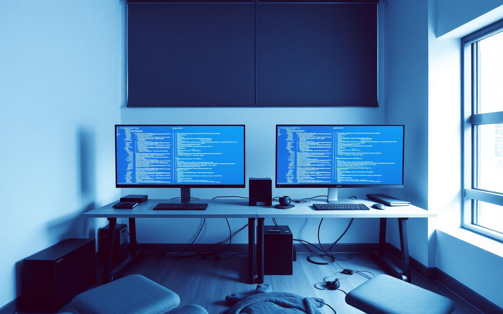Developer workstation with two monitors displaying source code in a quiet office lit by daylight
