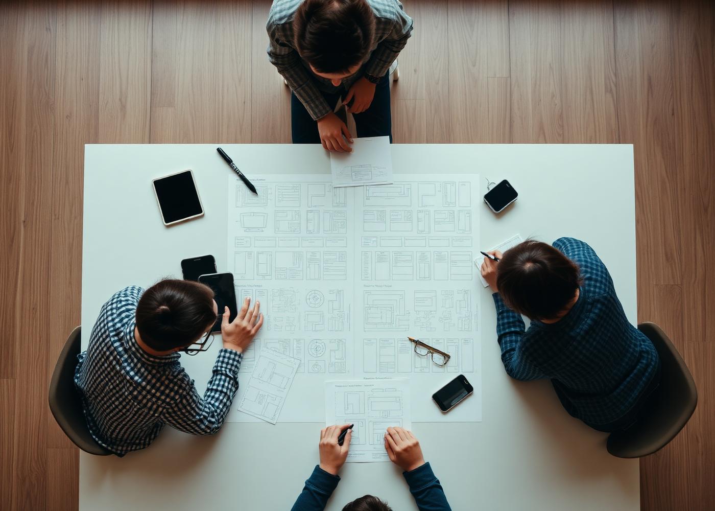 Overhead view of a design team annotating printed interface wireframes on a large white table