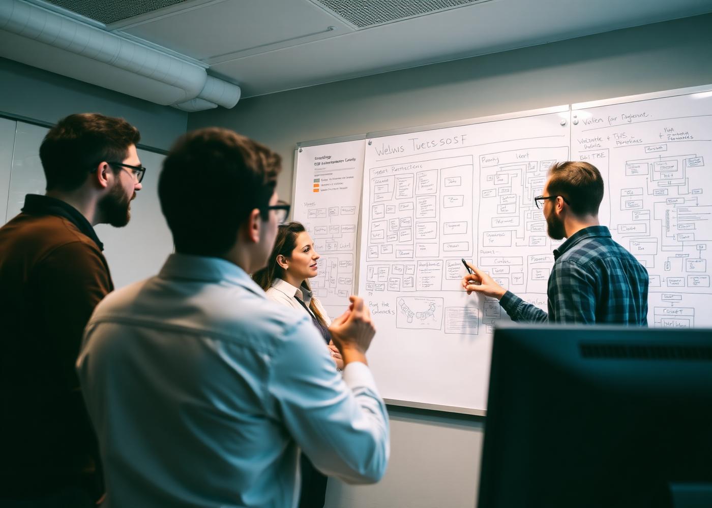 Software team discussing a system architecture diagram drawn on a whiteboard